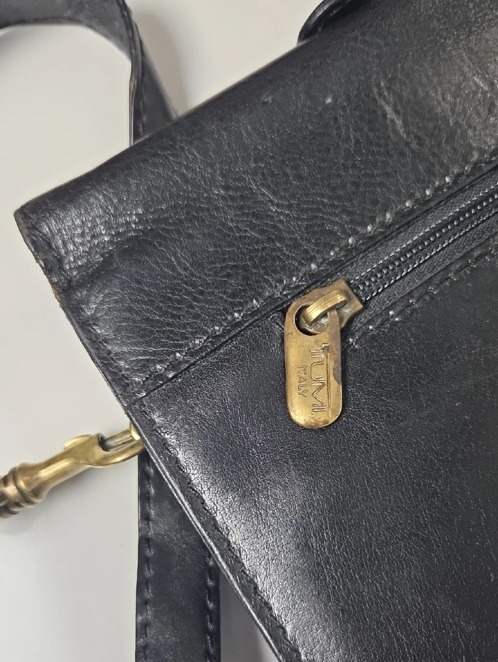 Tumi Full Grain Leather Briefcase Bag in Black With Gold Accent Turnlock